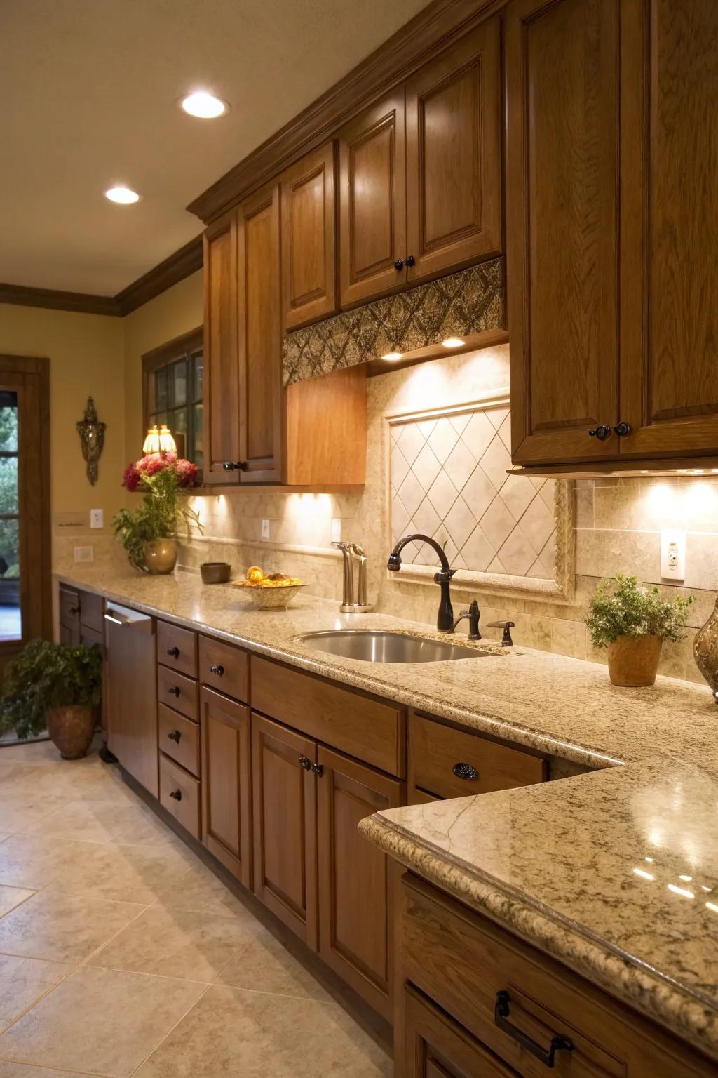 Sand granite creates a warm, welcoming kitchen area.