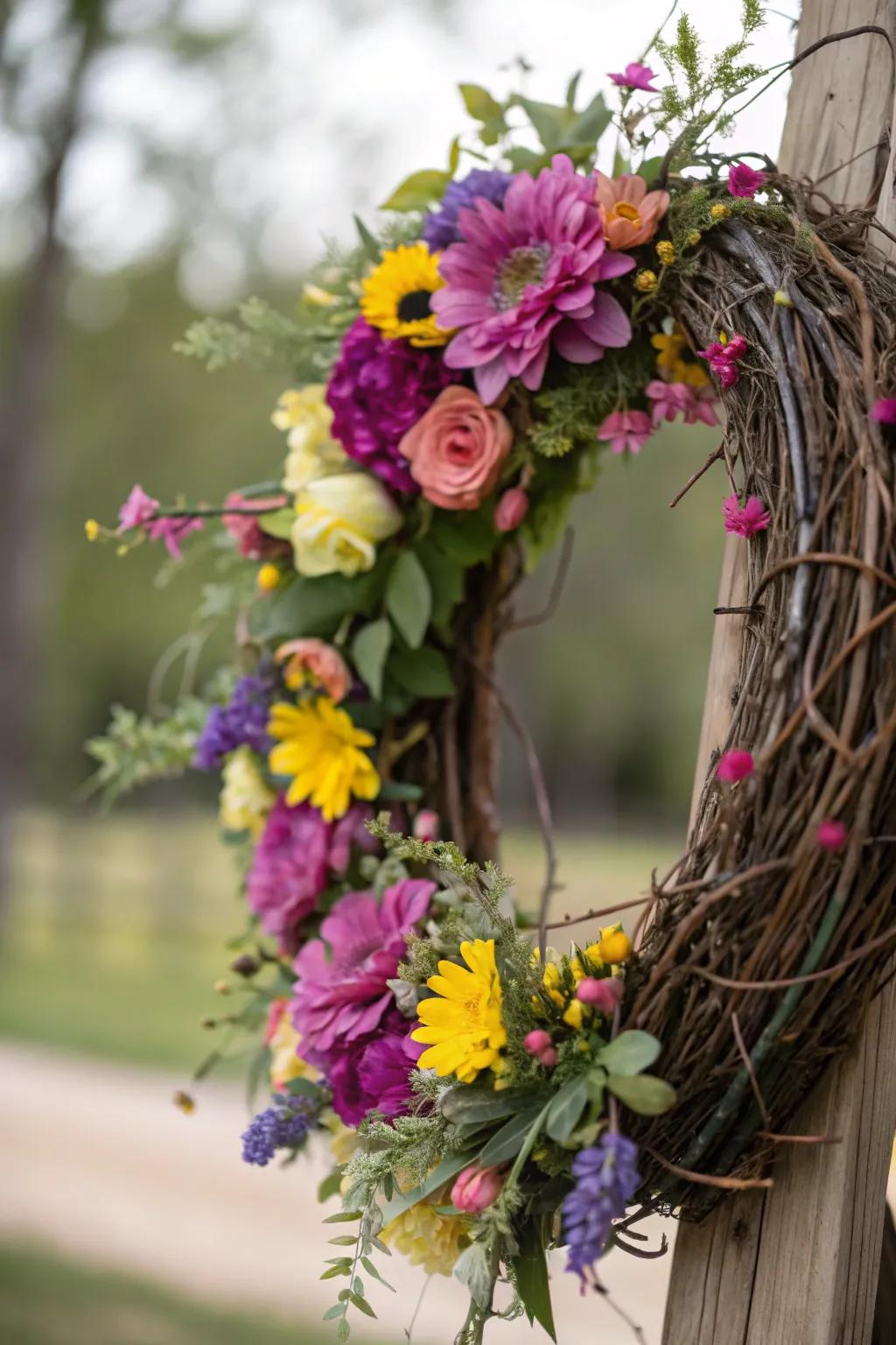 A vibrant floral grapevine wreath adorned with colorful blossoms.