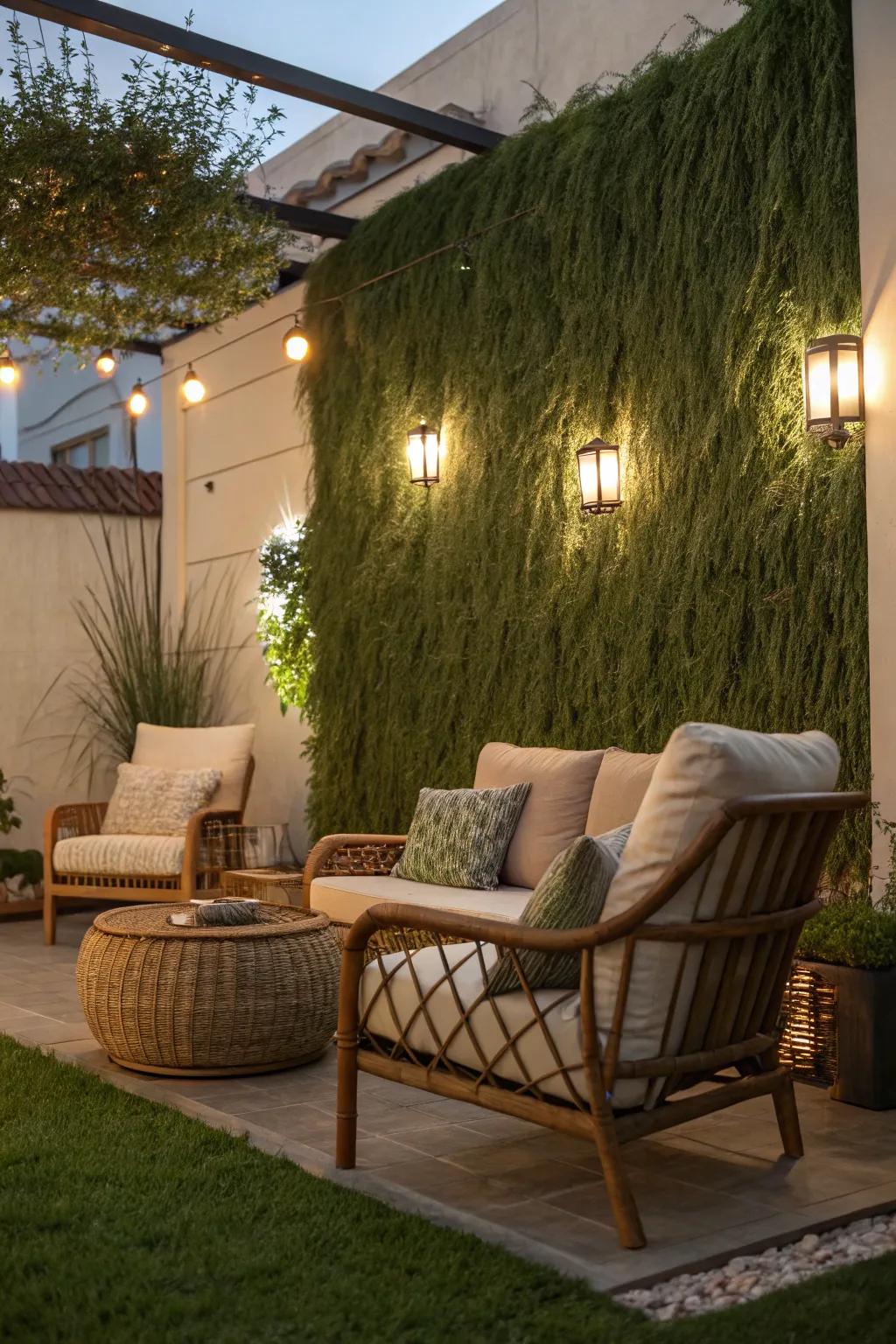 Cultivate an alluring courtyard environment incorporating a grass wall, optimal for exterior unwinding.