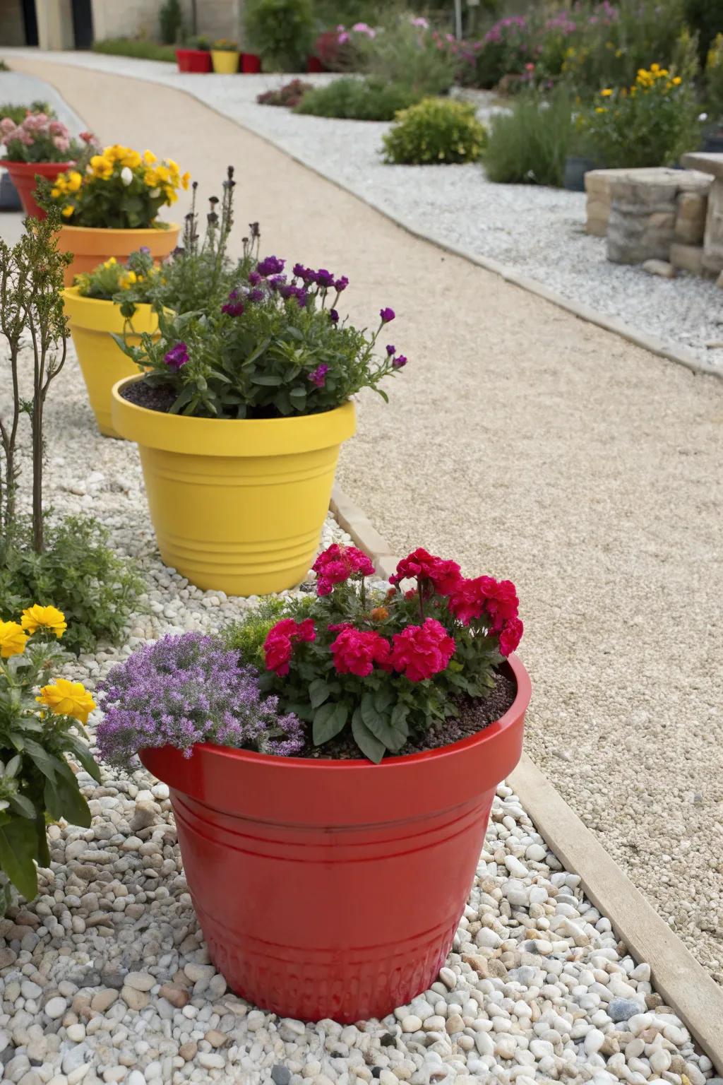 Vivid containers inject vitality into the understated backdrop of gravel.