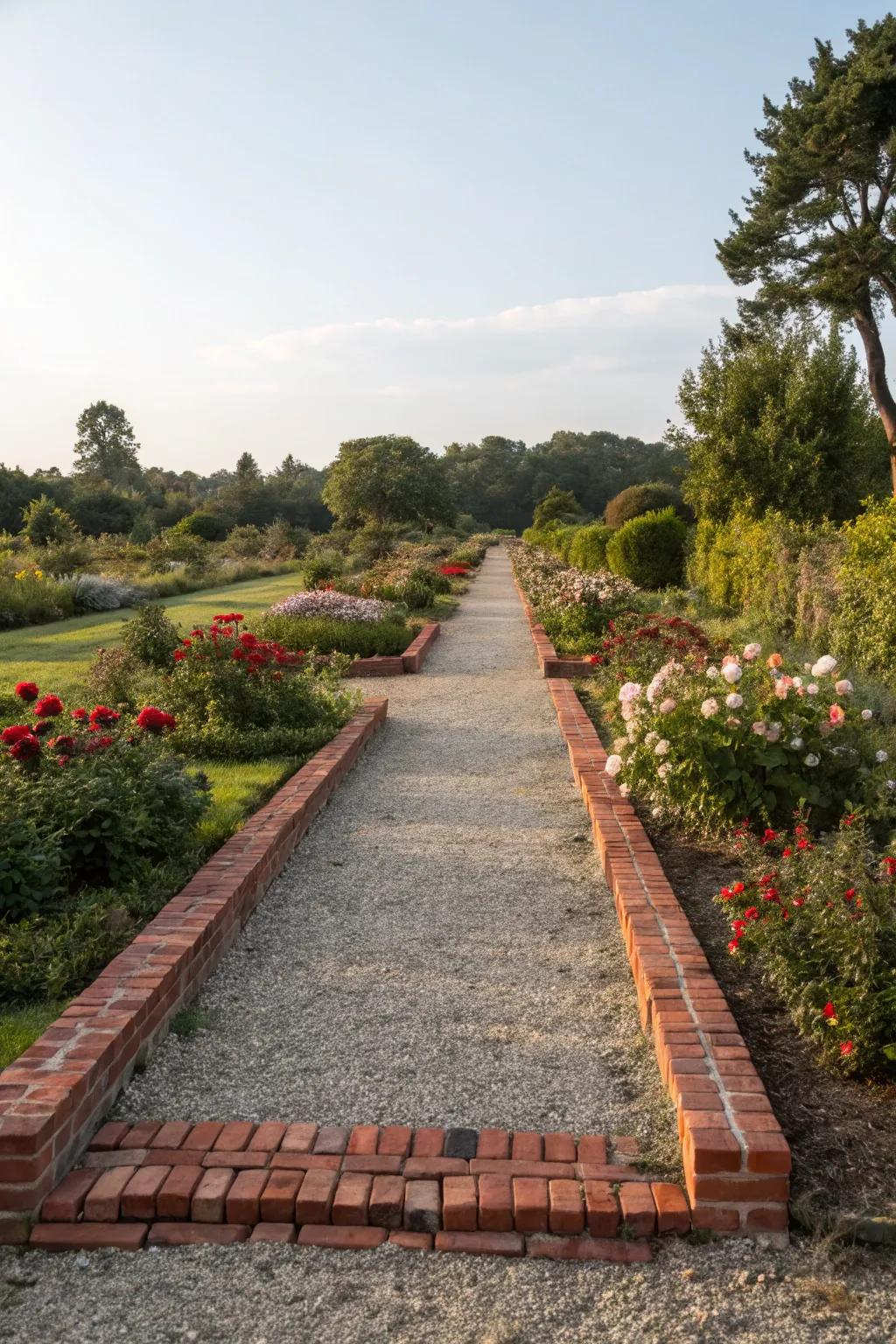 Brick borders offer a neat edge for a gravel path.