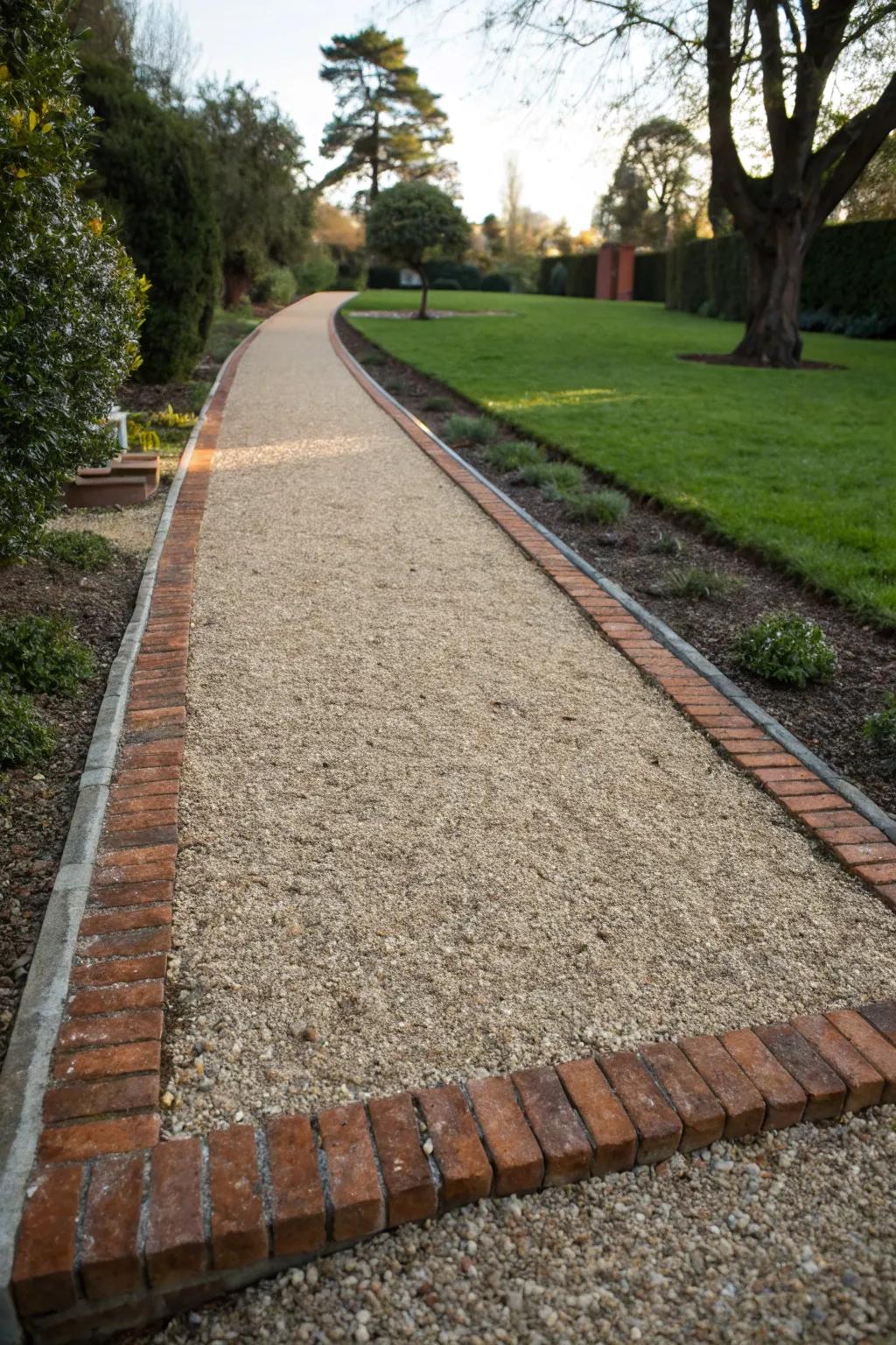 A crushed stone path neatly bordered with brick trim