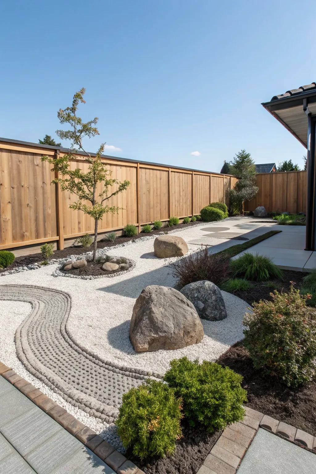 A serene Zen garden with gravel, perfect for meditation and calm.