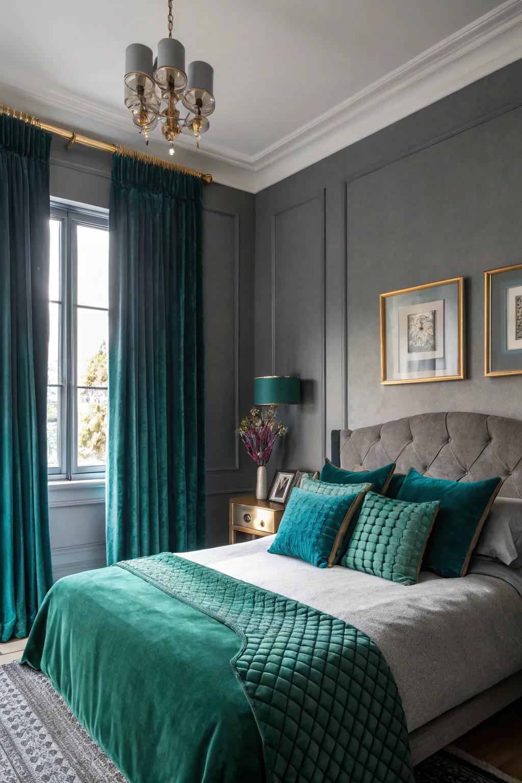 A dramatic gray bedroom showcasing deluxe gemstone hues.