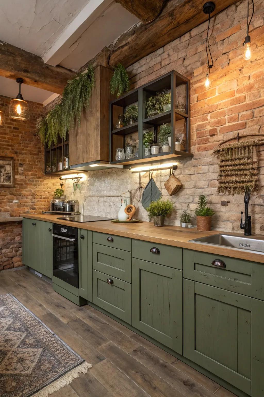 Rustic kitchen retreat featuring olive green cabinets and cozy textures.