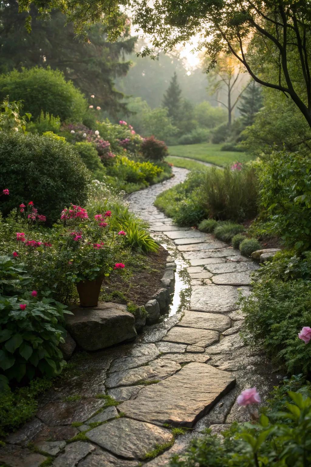 A charming permeable stone pathway, augmenting both the visual appeal and functionality of the garden.