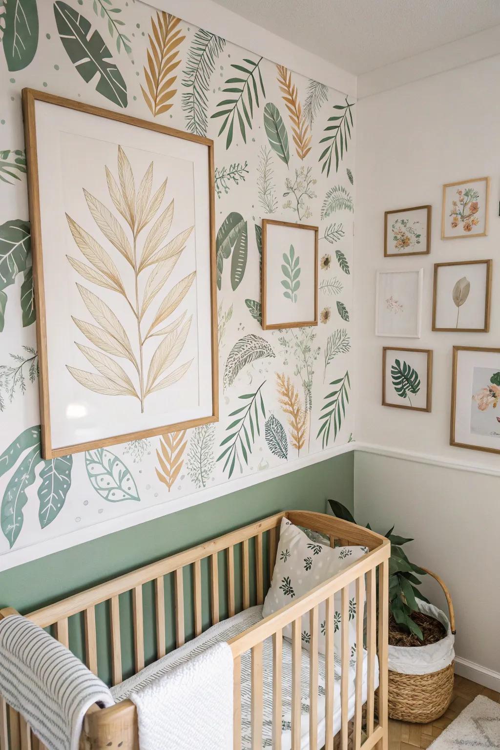 Botanical artwork introduces a natural flair to the nursery.