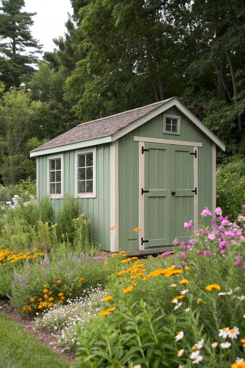 A sage green shed exudes an understated, charming elegance.