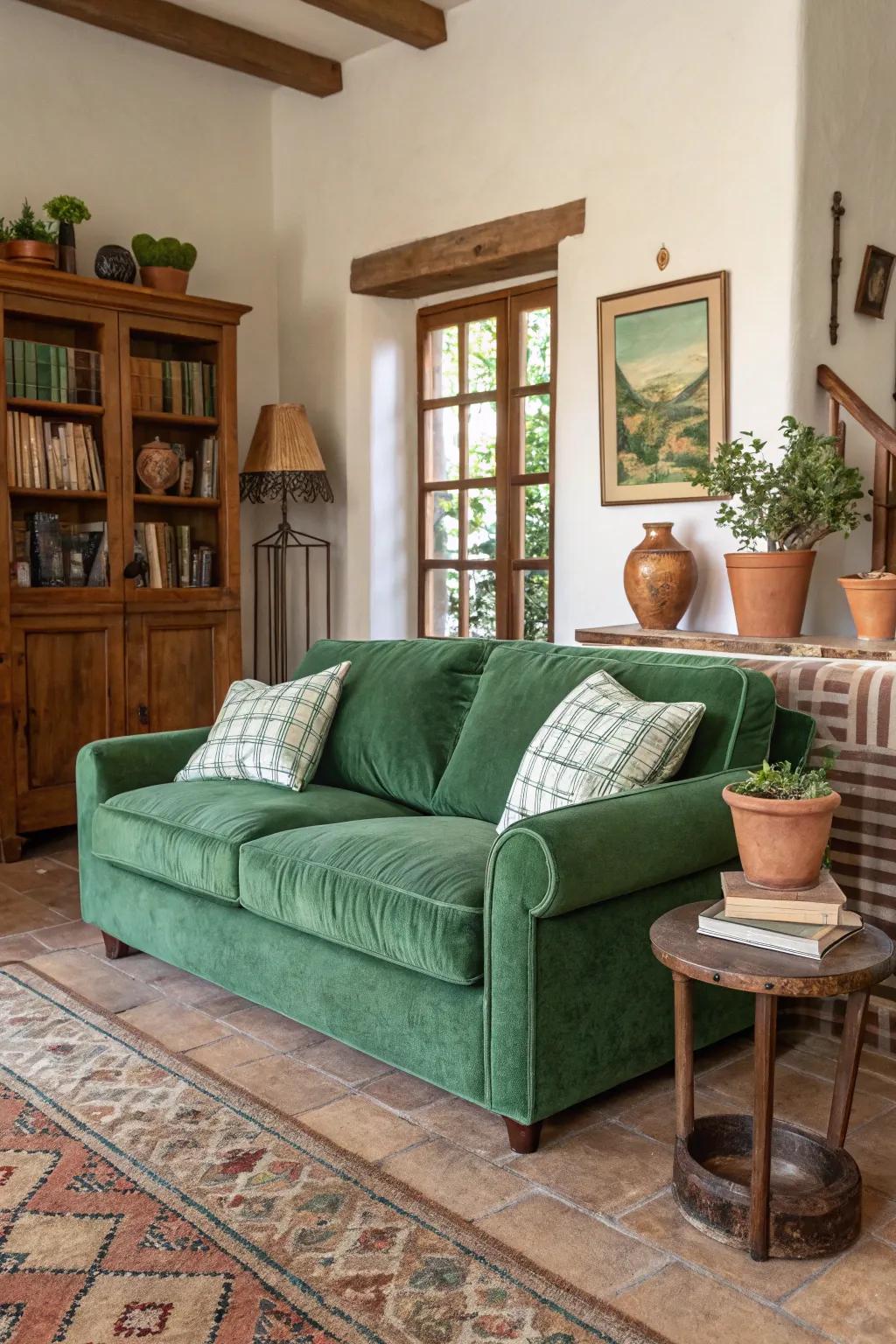 A unified family room showcasing a verdant plush settee paired with natural hues.