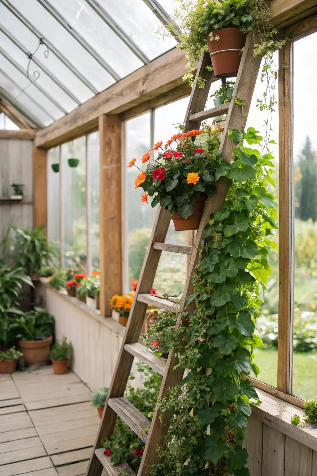 Elegant step-style shelving artfully showcasing trailing greenery.