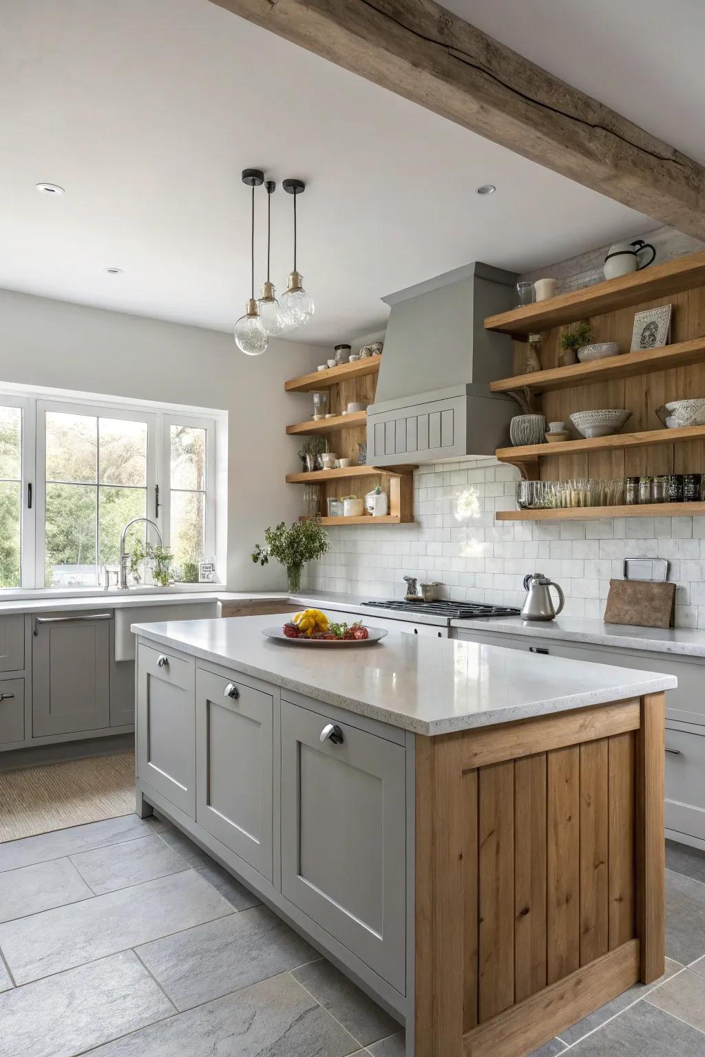 Timber highlights imparting warmth to a grey and white kitchen