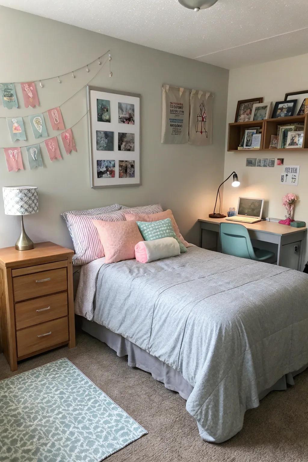 Understated pastel nuances elevate the grey scheme.