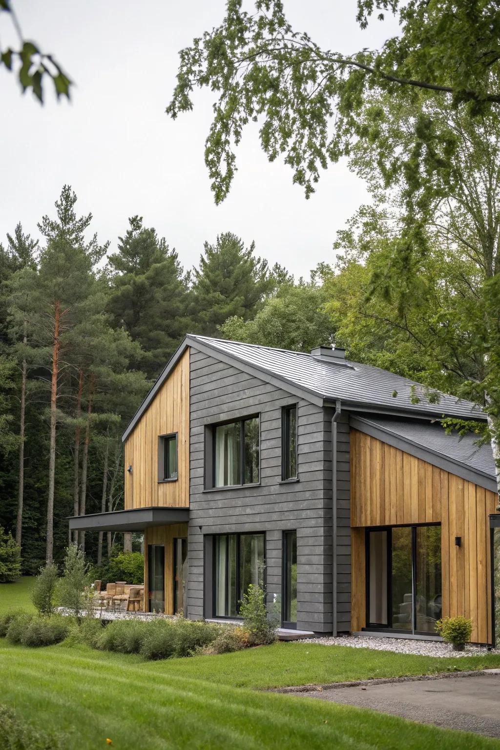 The pairing of grey and natural timber crafts a seamless fusion of modern and rustic.