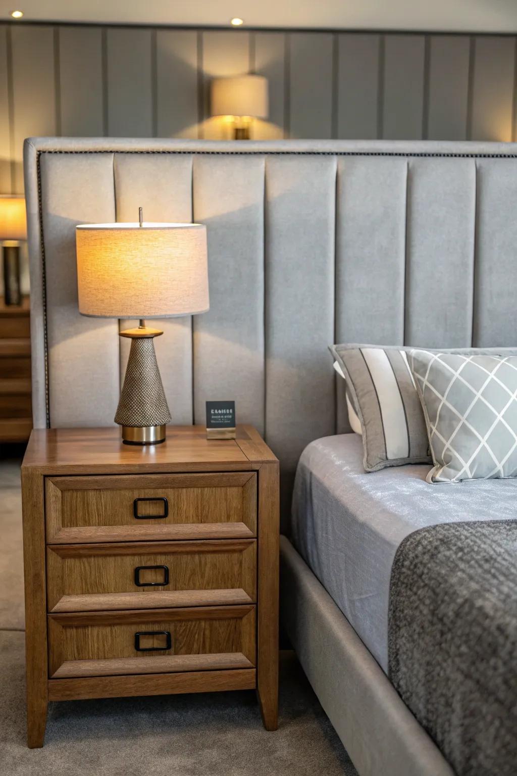 A well-coordinated bedroom design where the furniture complements the slate-toned headboard.