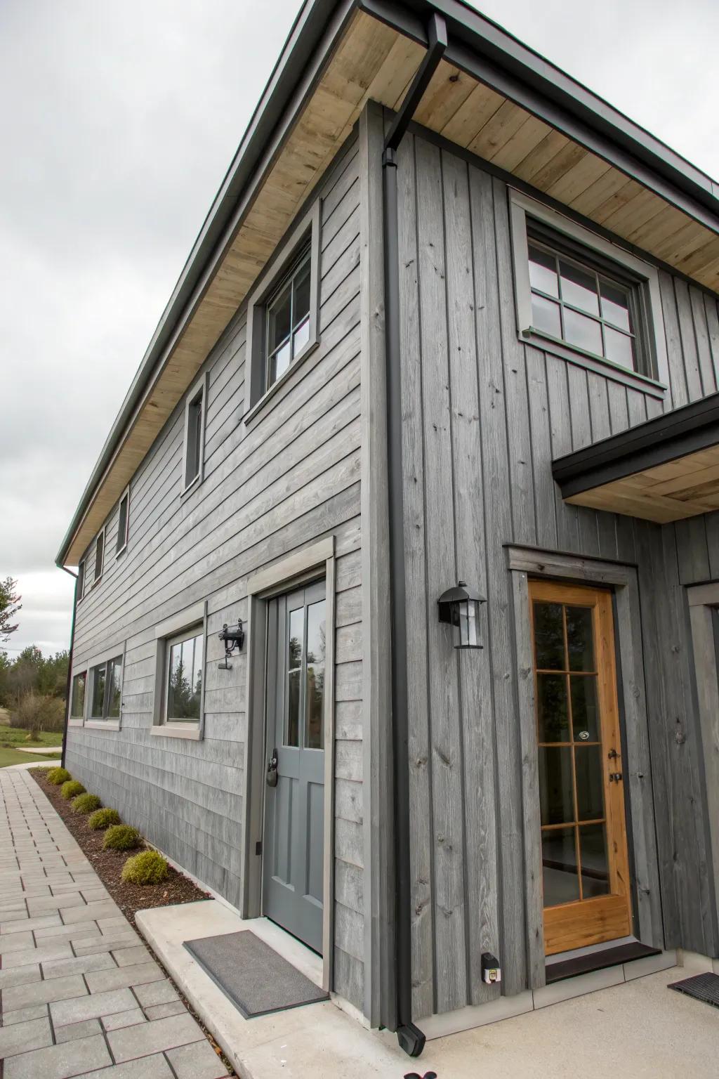 A textured graphite facade featuring redwood and metal.