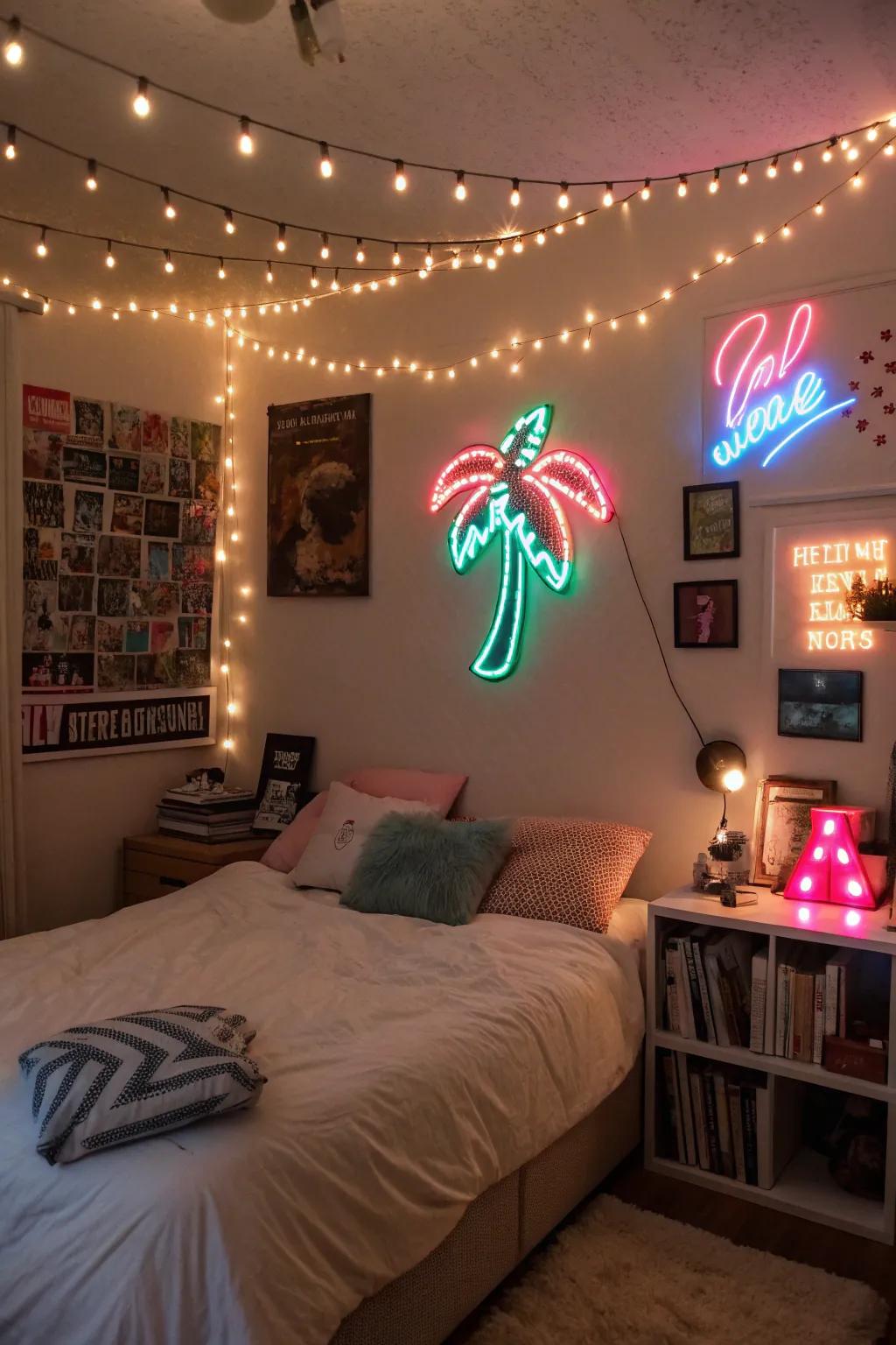 Decorative lights and neon signs add a playful element to your room.