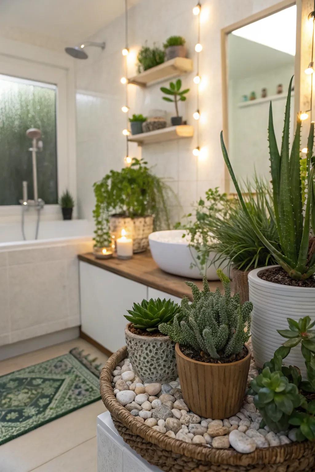 A guest bath enhanced with vibrant greenery, such as succulents and small foliage.