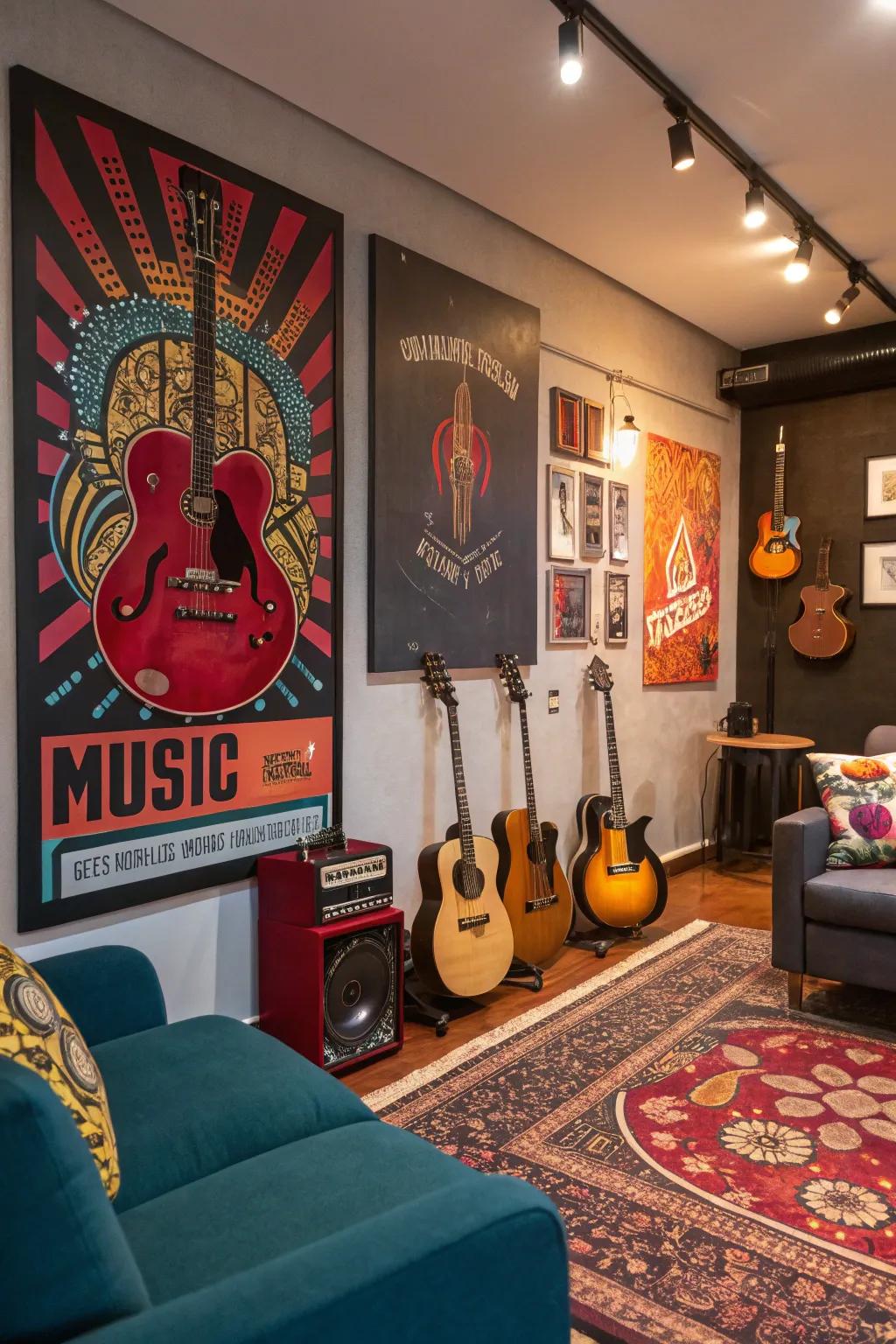 Art inspired by music adds an artistic touch to the guitar room.