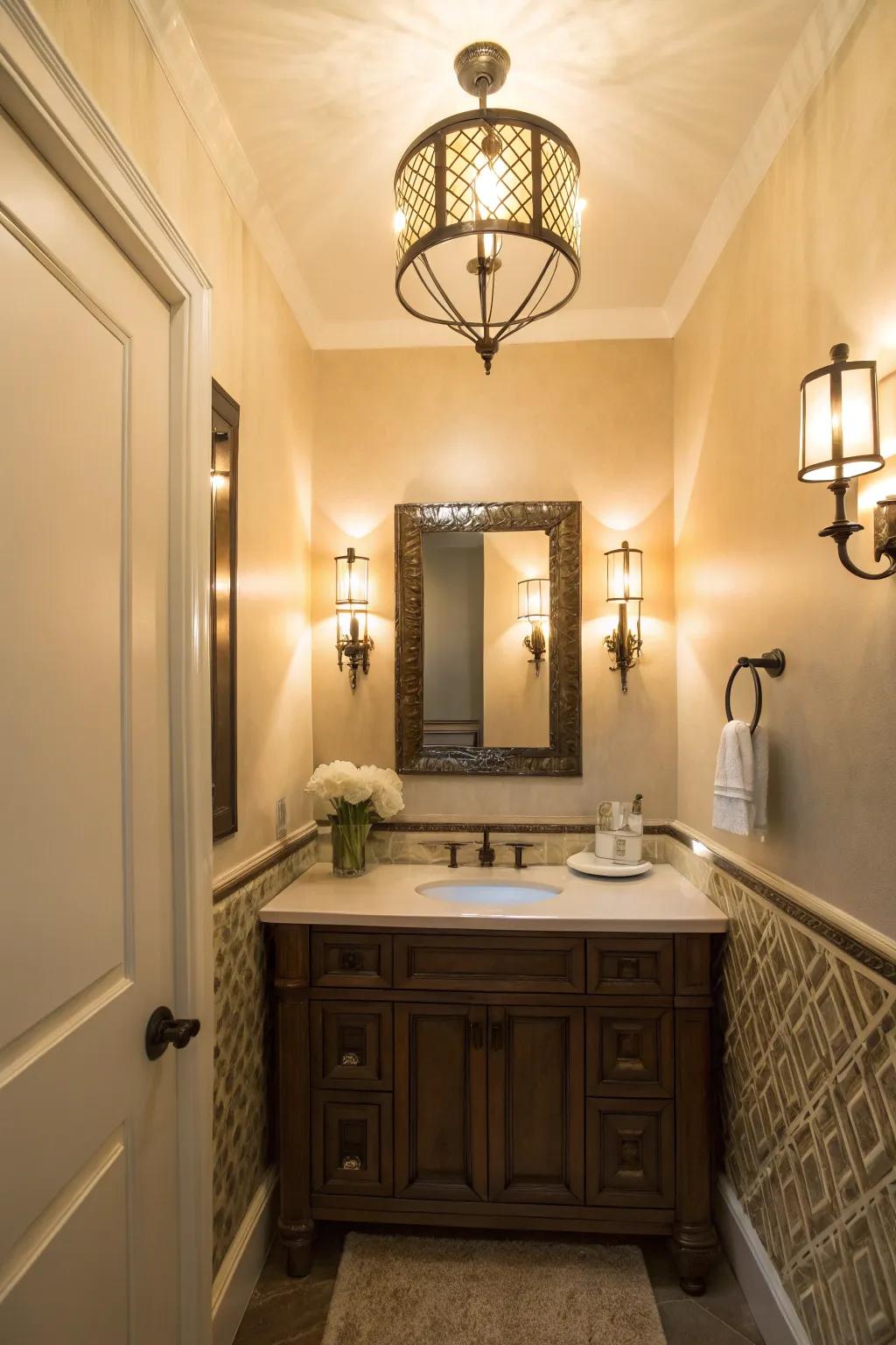 Utilize lighting to infuse character and coziness into your powder room.