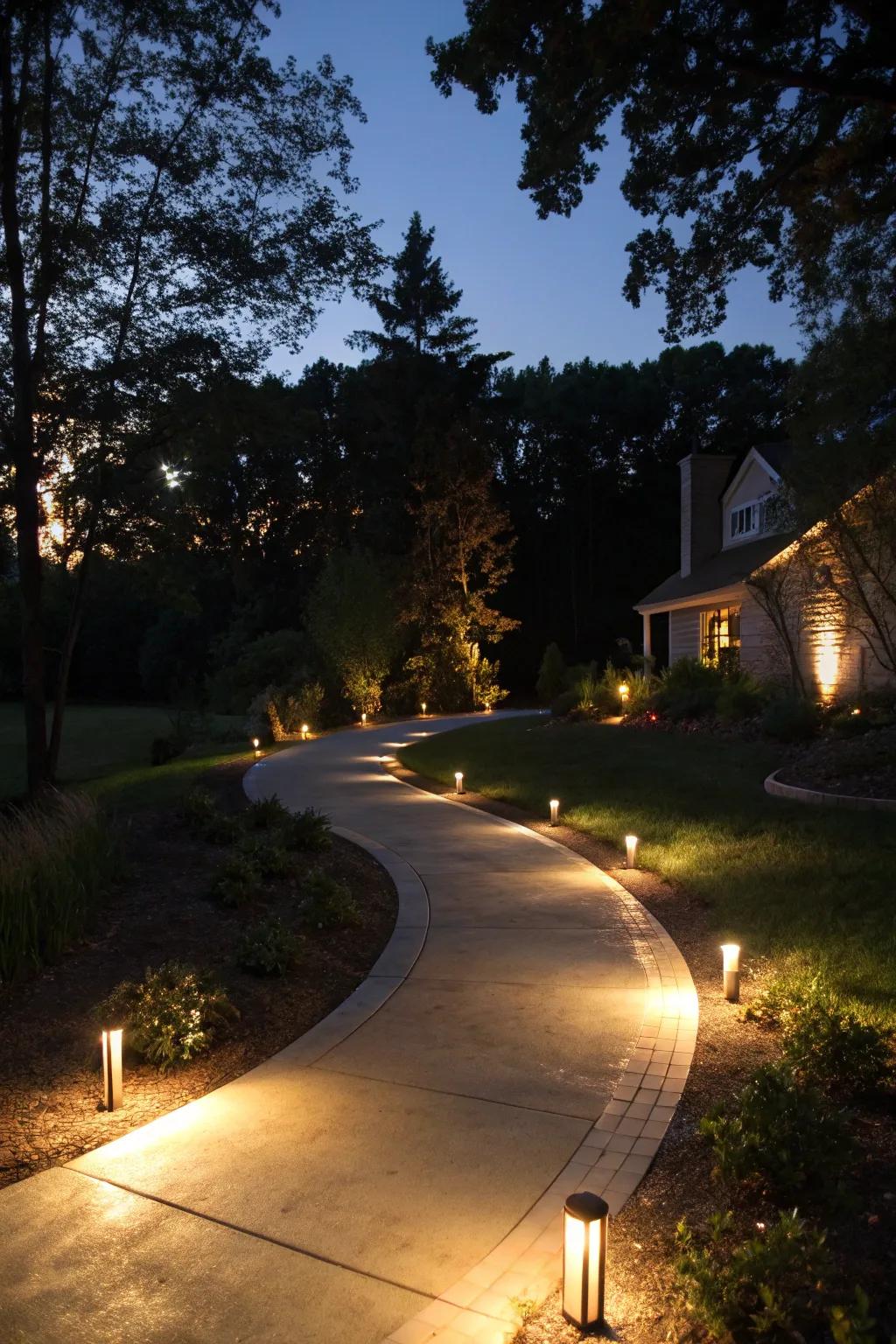 Illumination features bring drama and elegance to the driveway in the evening.