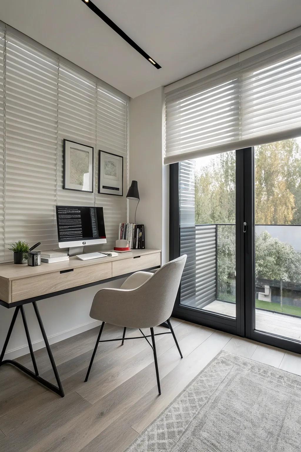 Modern domestic office featuring simple partial coverings.