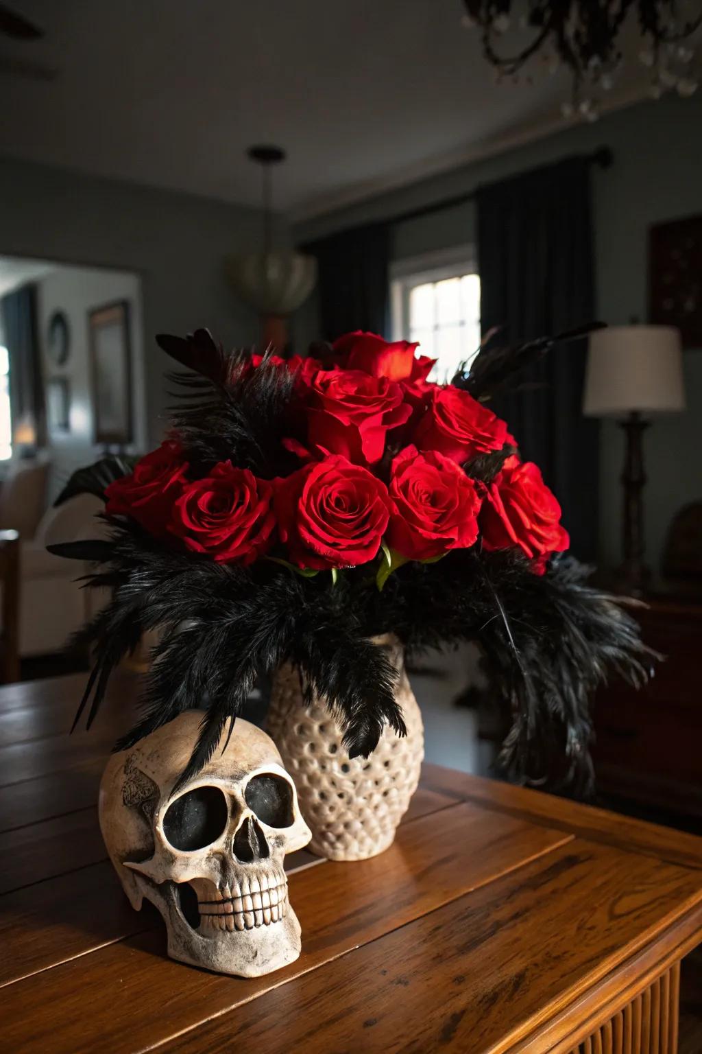 Bold yet elegant, this cranial vase arrangement infuses dramatic flair into Halloween adornments.