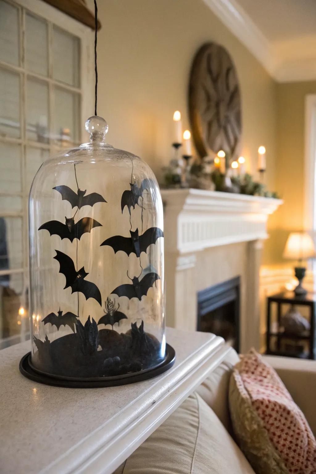 A vibrant display dome featuring seemingly airborne bats.