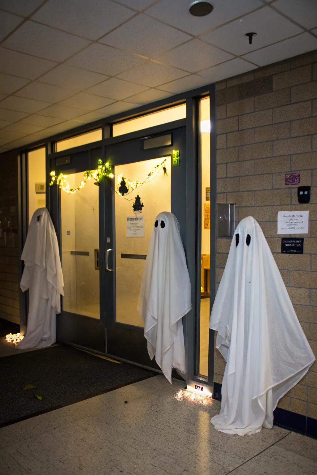 Drifting specters crafting an eerie yet playful doorway display.