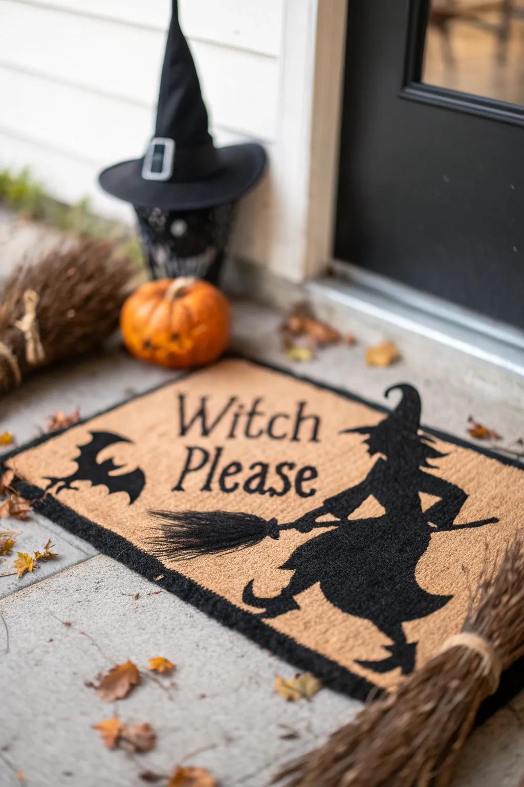 A witch-themed entry mat adds humor and charm to your entryway.
