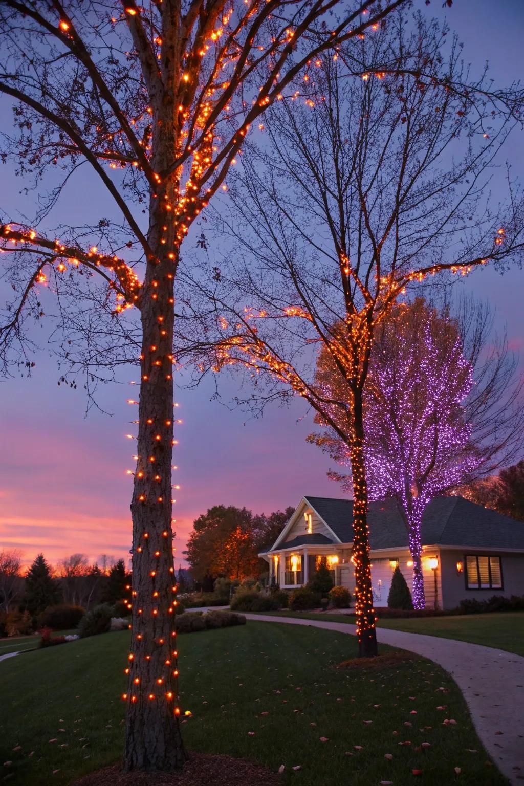 Twinkling lights emit a captivating brilliance, enhancing the Halloween atmosphere.