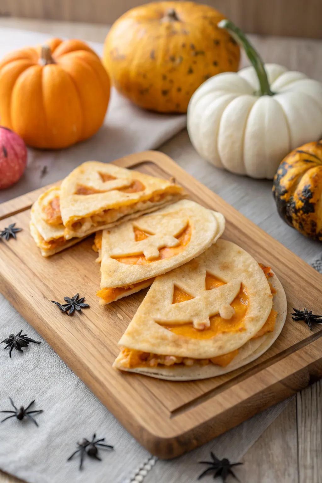 Cheesy gourd quesadillas, introducing festive flair.