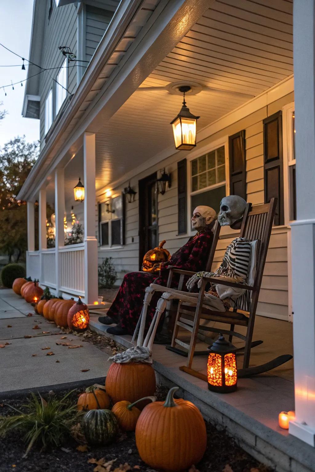 Porch decor showcasing skeletons extends a warm welcome to Halloween visitors.
