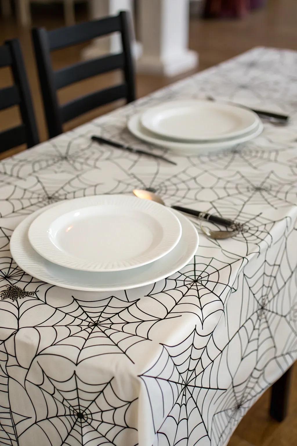 The intricate web covering immediately sets a spooky, themed table.