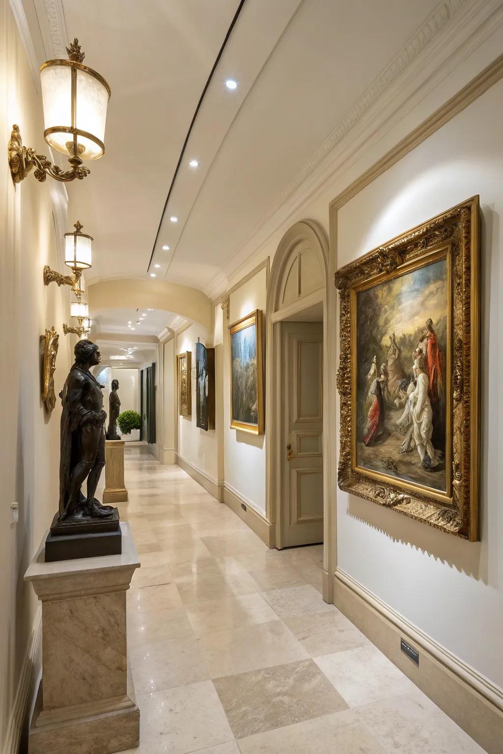Varied art styles bring individuality to any hallway.