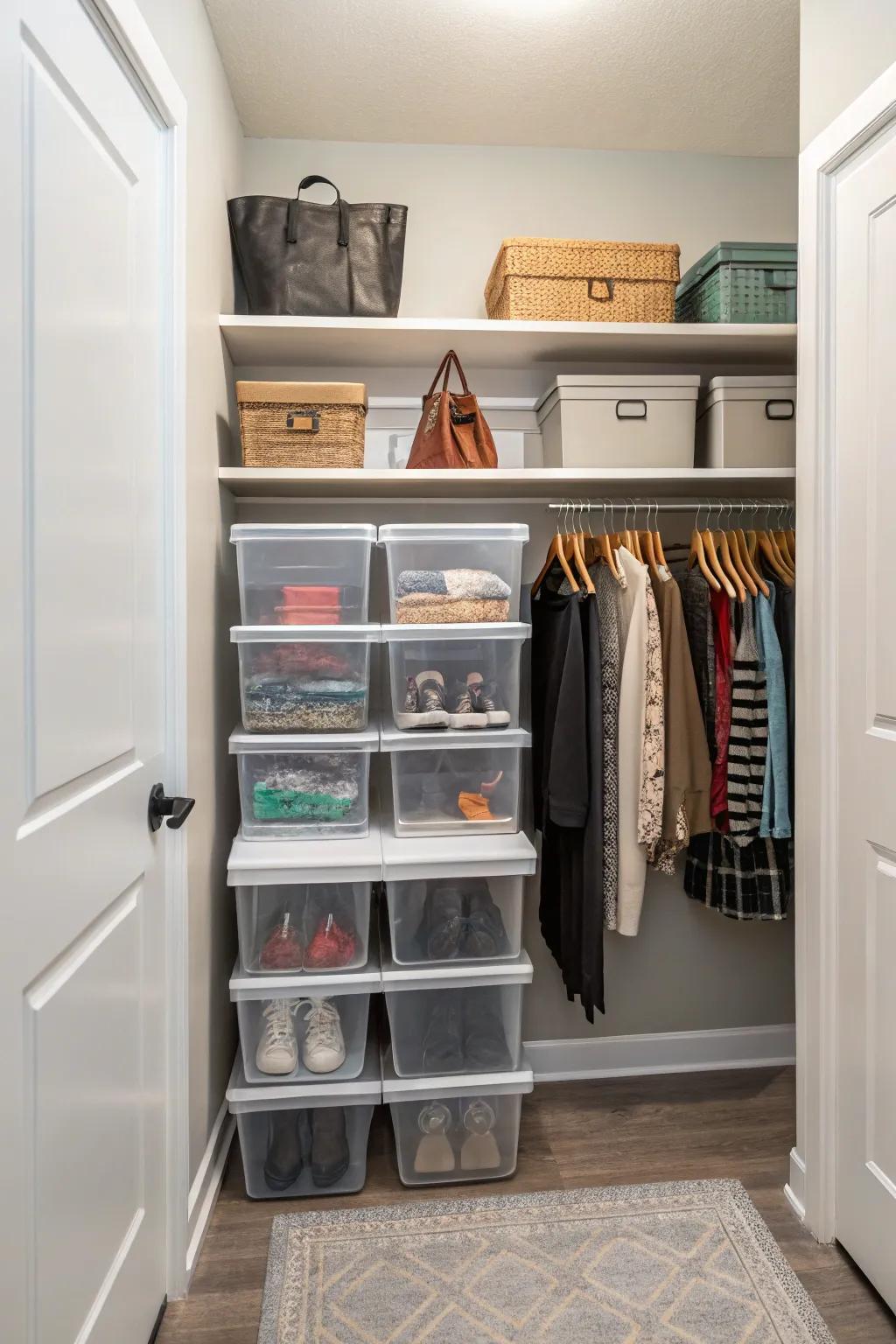 See-through storage bins in a hallway closet for quick identification of contents.
