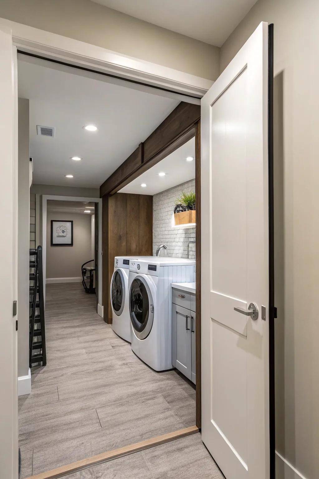 Hidden doors provide a neat and area-saving entry to a laundry room.
