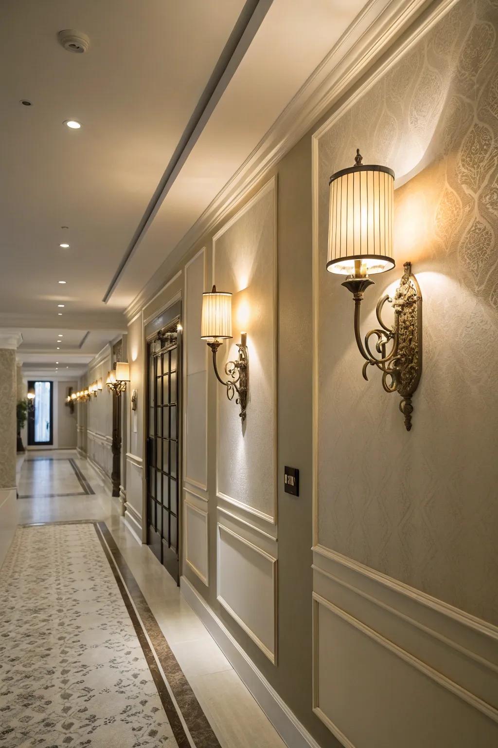 Wall sconces suit hallways where ceiling space is limited.