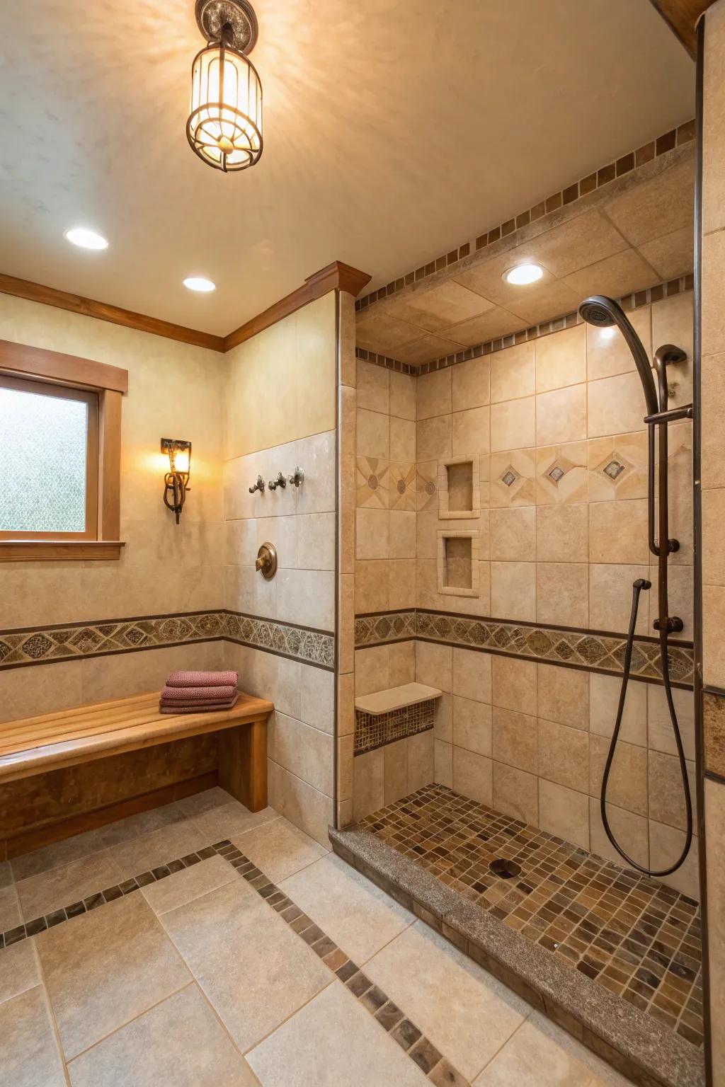 Shower wand arranged beside a shower bench for extra convenience.