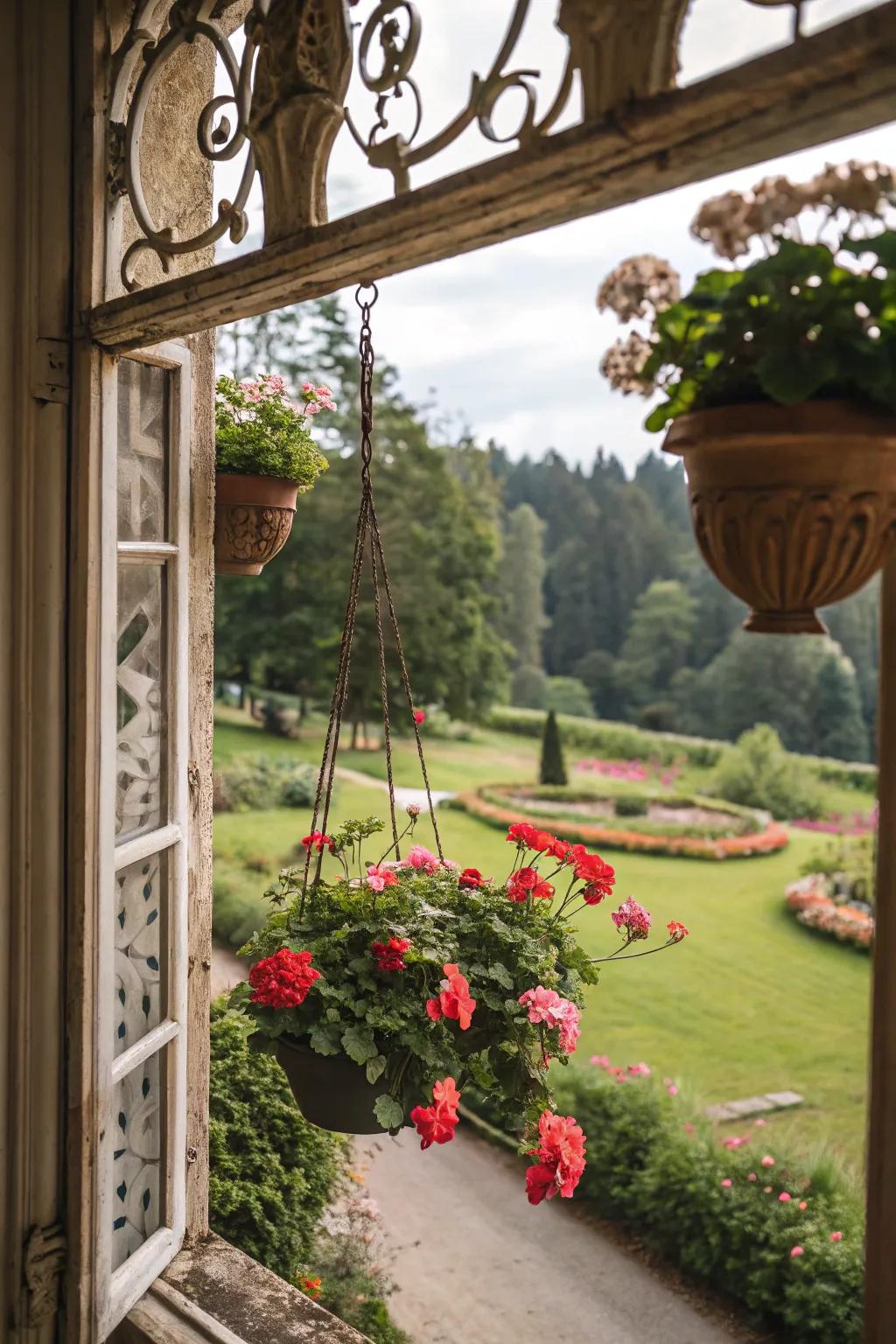 A countryside window casement accentuates gorgeous geraniums.