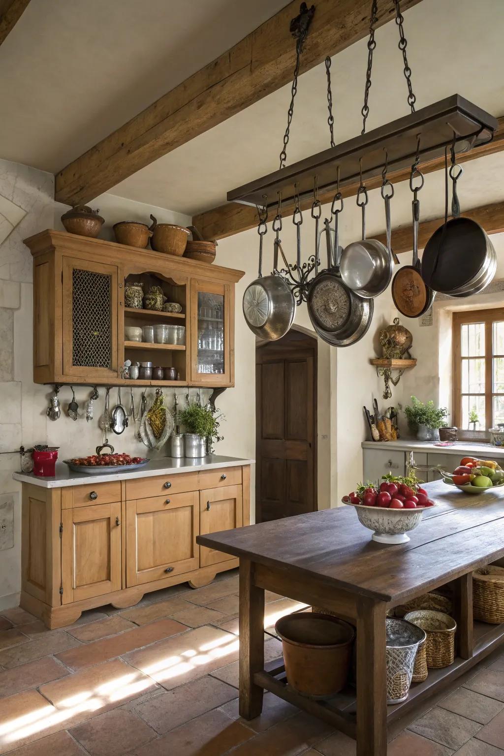 An elevated cookware rack blends practicality with style.
