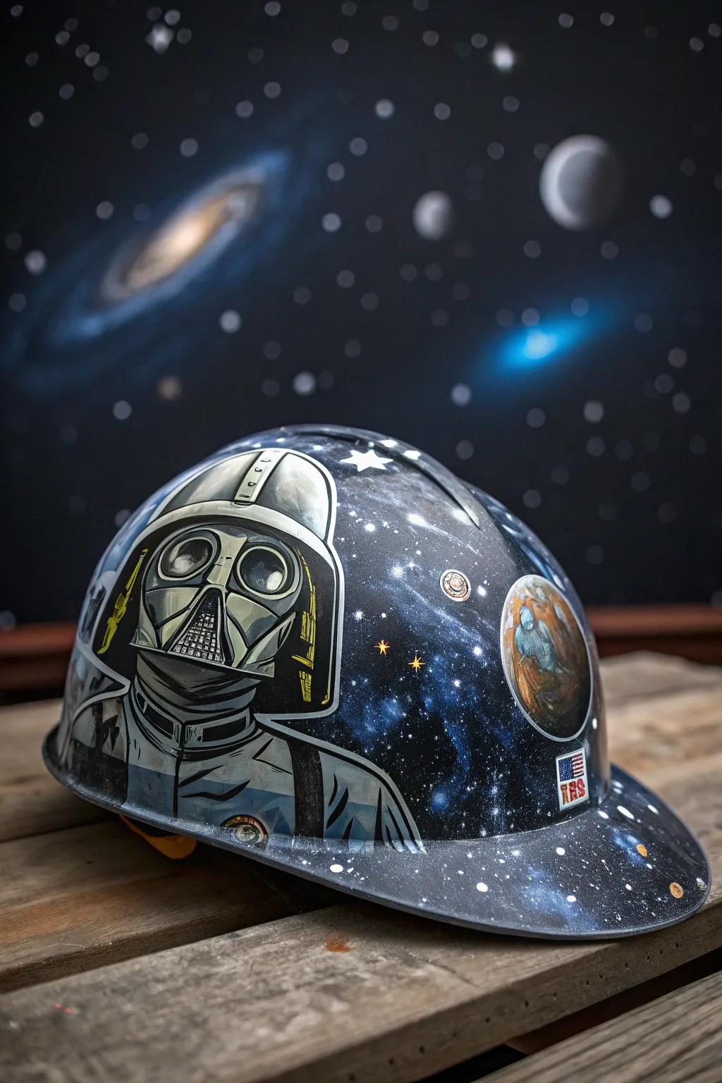 A safety helmet celebrating iconic sci-fi motifs.