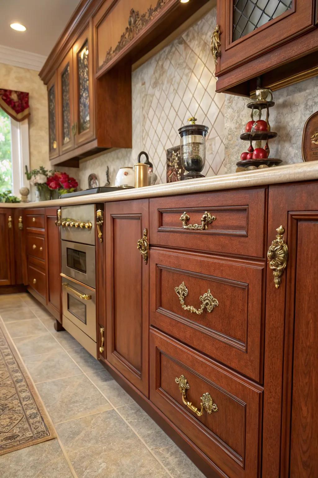 Detailed golden bronze pulls invoke thoughts of nostalgia and allure.