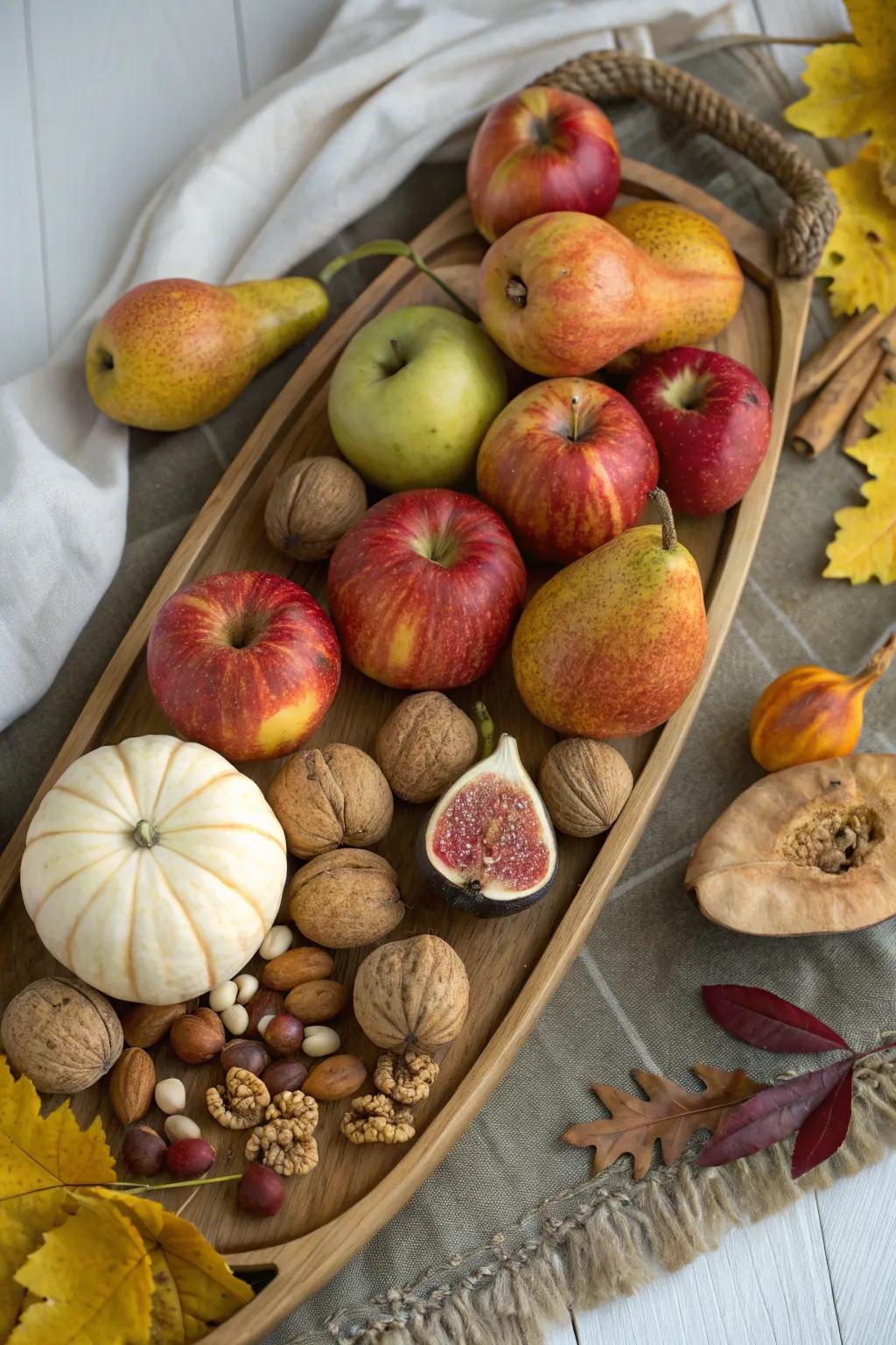 An abundant harvest tray featuring seasonal fruits and nuts.
