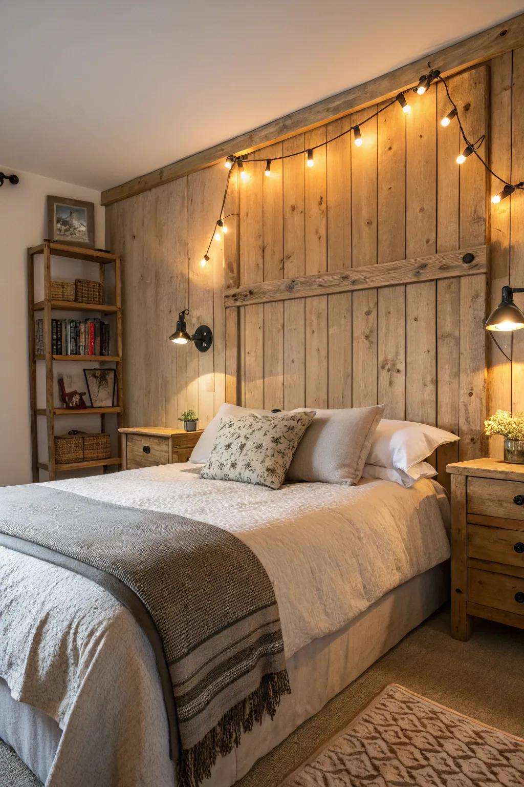 Wooden headboard lights contribute country charm and warmth.