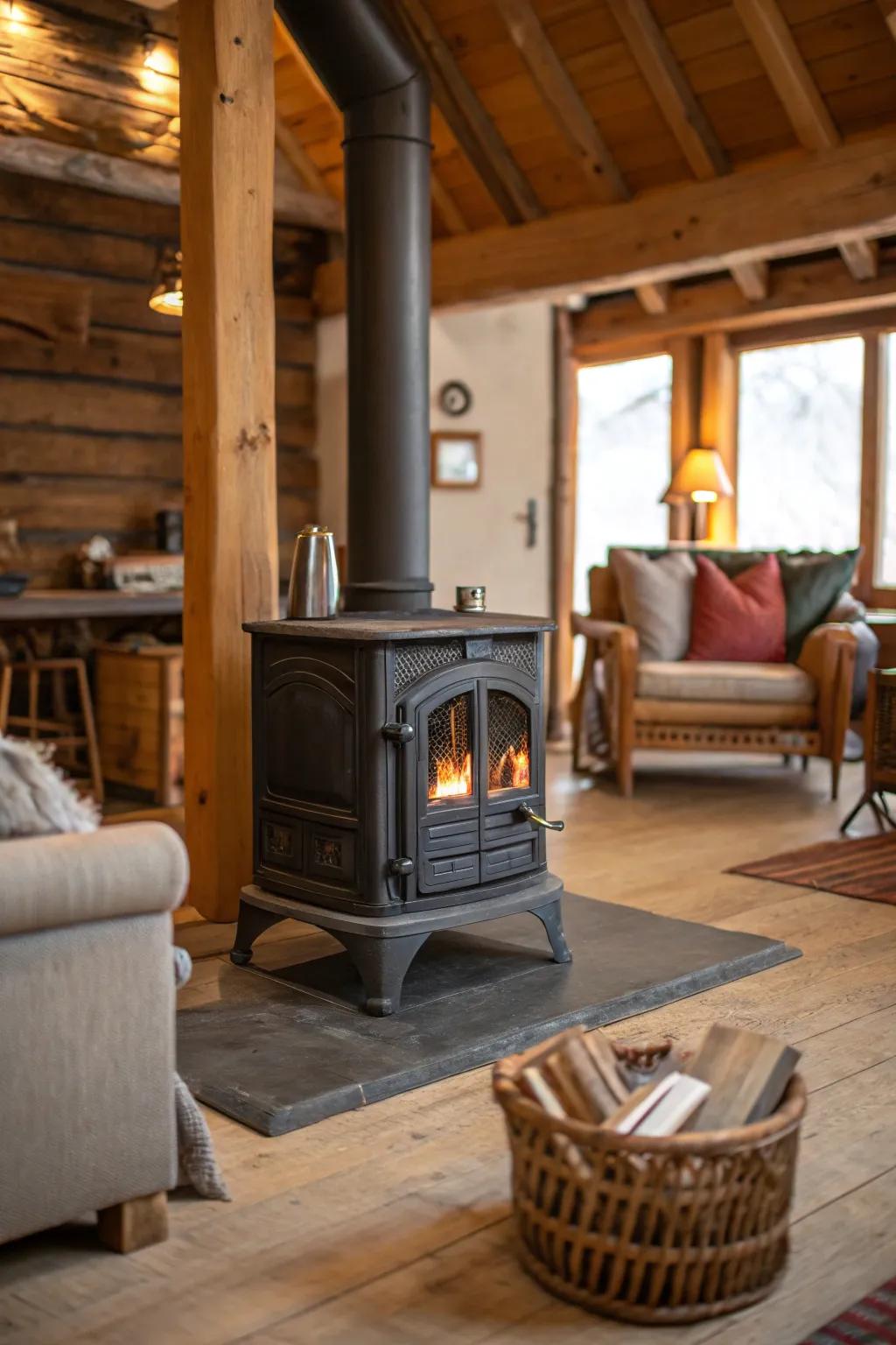 A countryside-style area featuring a traditional wood-fueled stove, perfect for a rustic feel.