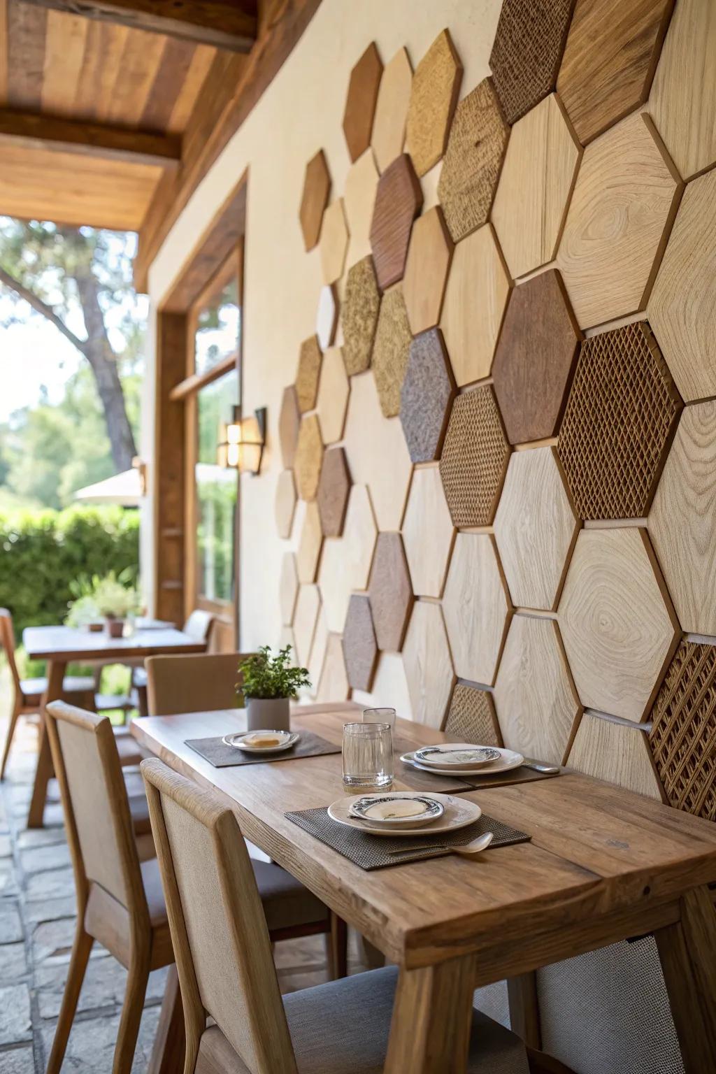 Wooden hexagons cultivate a warm and inviting setting.