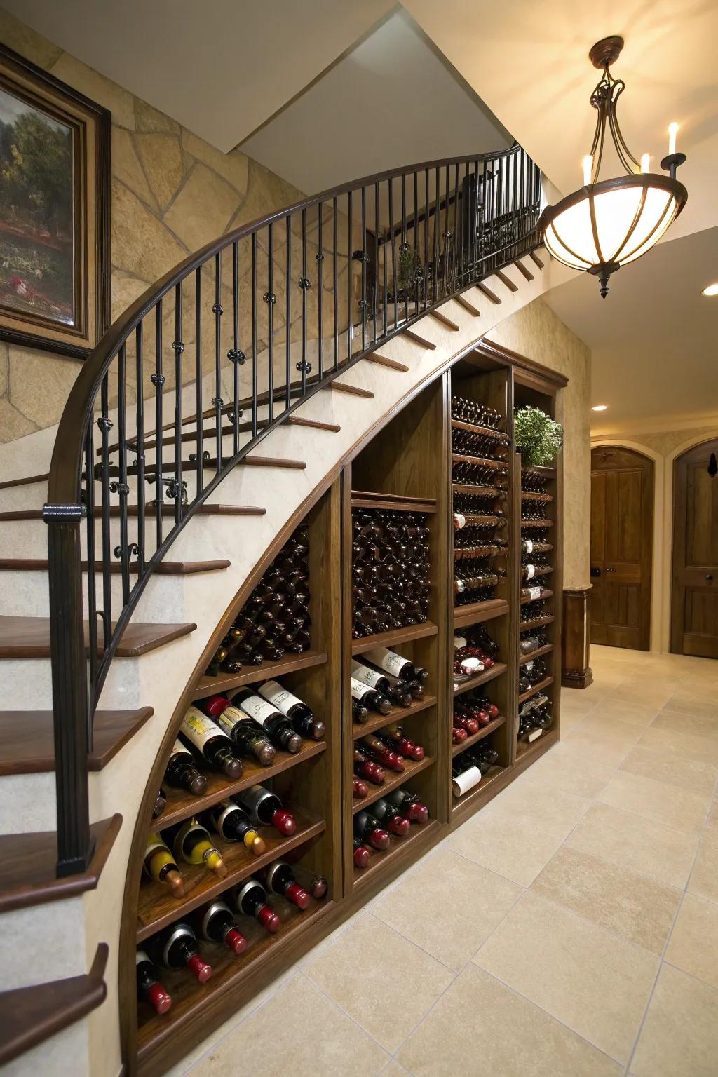 Incorporated wine storage gracefully presented under the stairs.