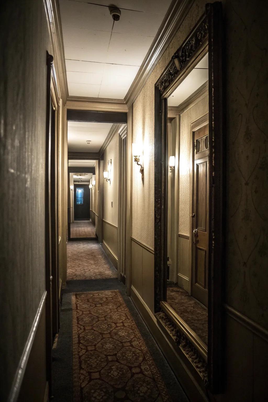 A hidden mirror door in a hallway adds depth and a sense of intrigue.