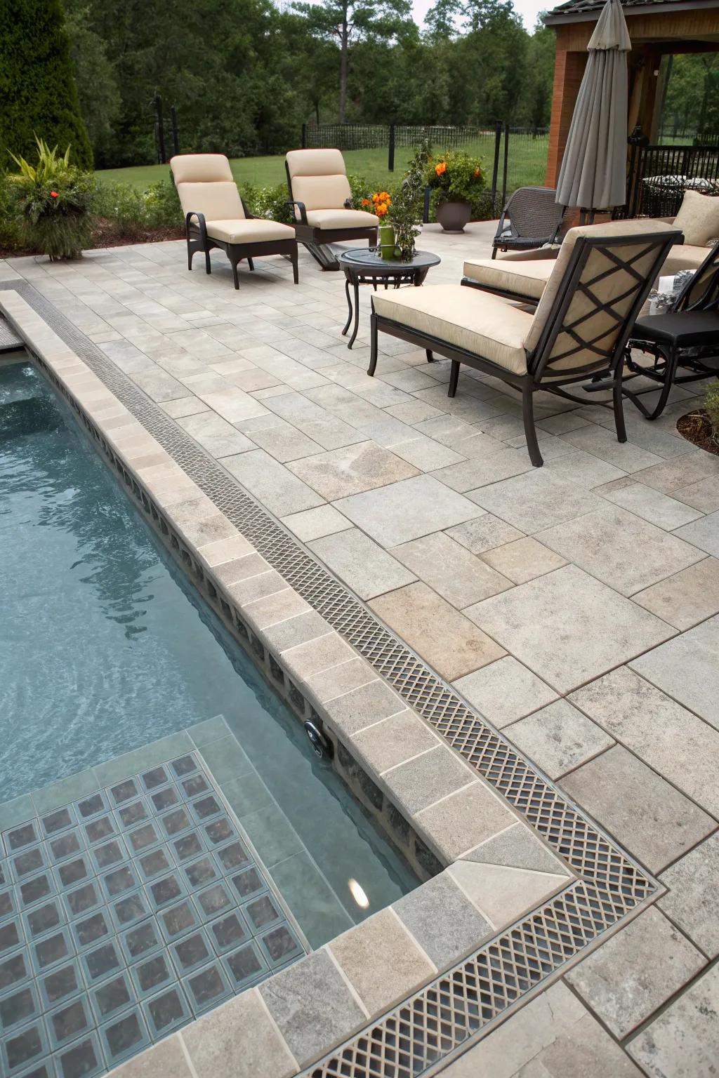 A pool deck featuring recessed tile drains for a smooth surface.