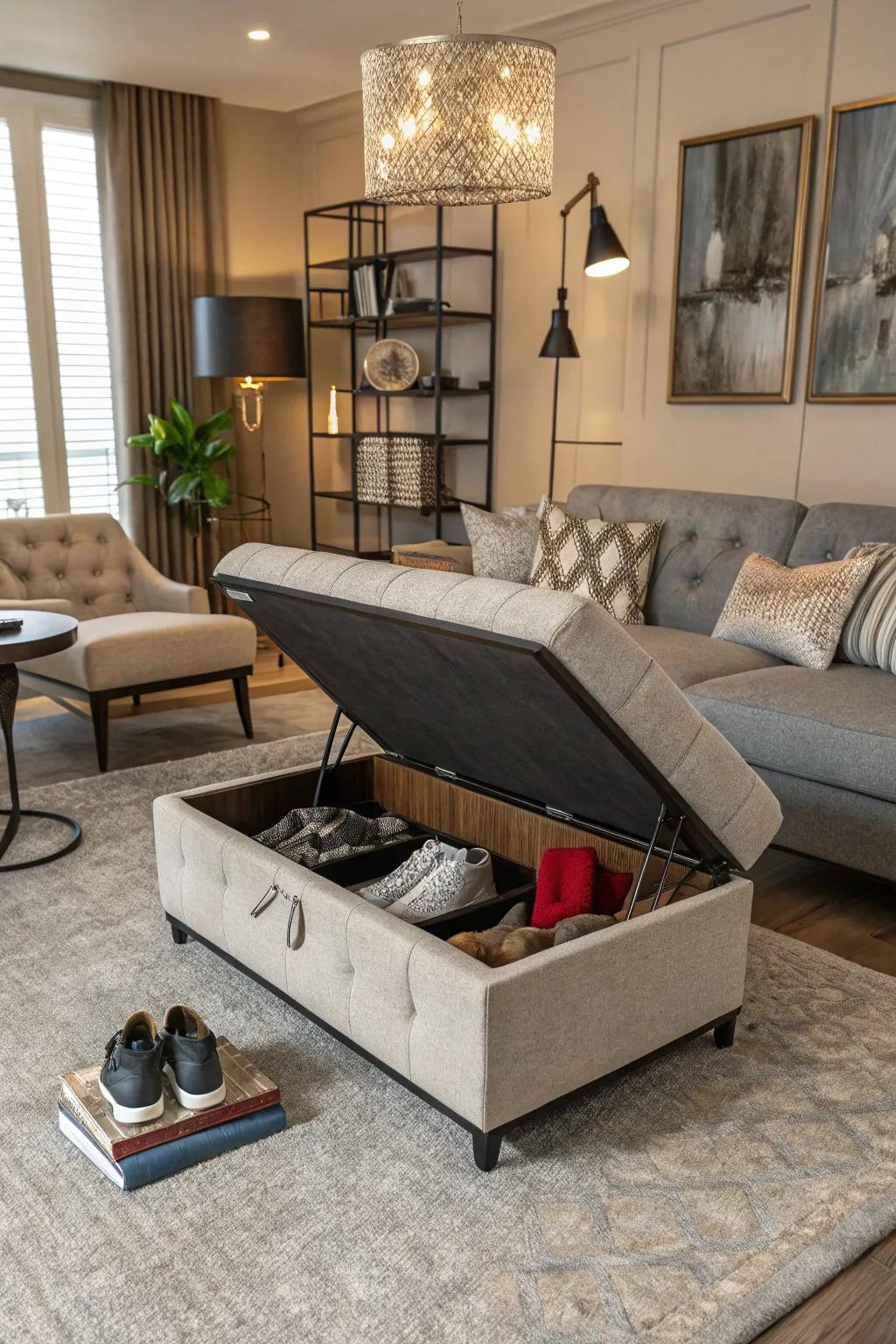 Adaptable furniture with concealed storage provides a blend of style and utility.